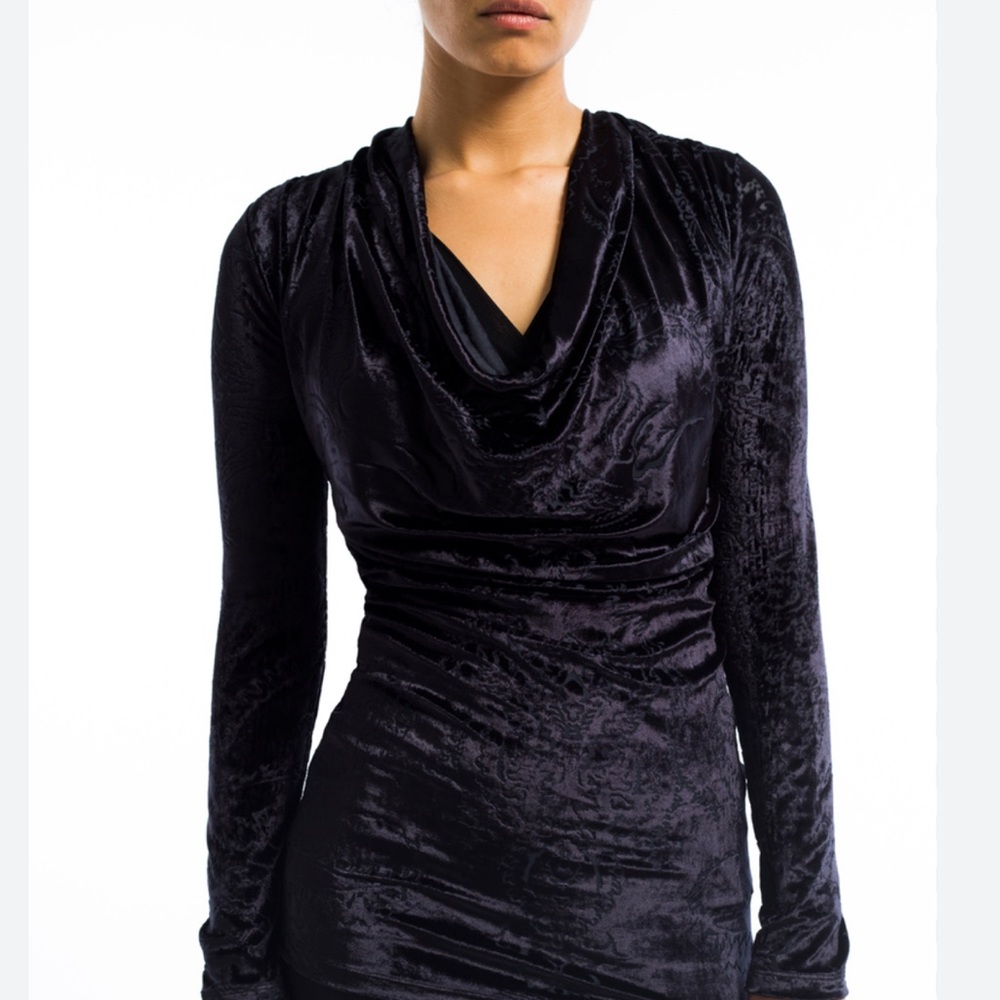 FUZZI Black Burnout Paisley Velvet Cowl Neck Midi Dress
